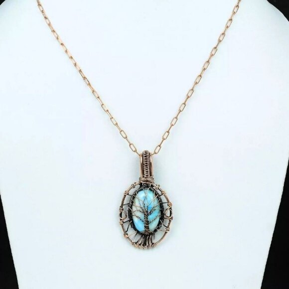 Handmade ✦ Copper Wire Wrap Tree of Life Pendant ✦ Oval Larimar Stone Necklace - Picture 2 of 9